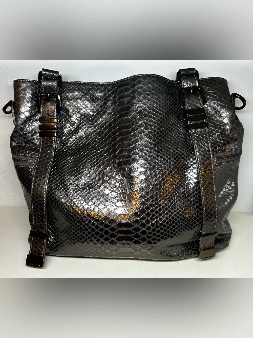 Michael Kors Glossy Black Snake-Embossed Shoulder Bag